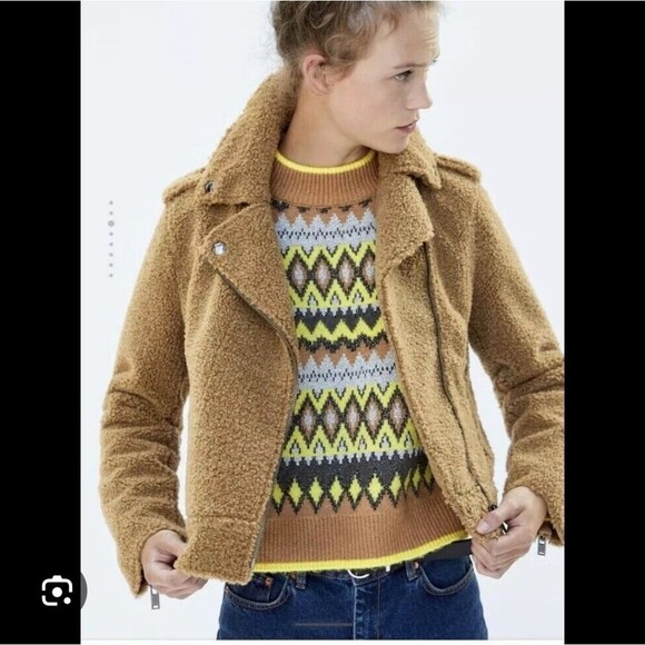 Zara FAUX FUR Sherpa BIKER JACKET TEDDY CAMEL Tan Crop Sz L Moto - Picture 2 of 12